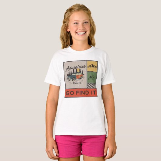 Avontuur wacht om het te vinden Retro Camping Reiz T-shirt (Voorkant volledig)