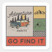 Avontuur wacht om het te vinden Retro Camping Reiz Vierkante Sticker (Voorkant)