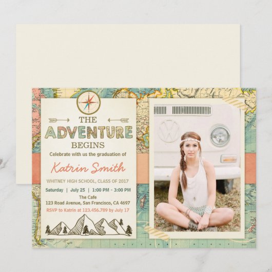 Avontuur wacht op Afstuderen uitnodiging Reiskaart (Voorkant / Achterkant)