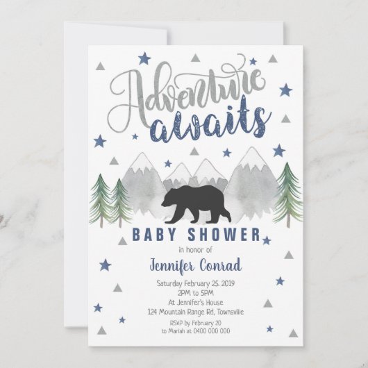 Avontuur wacht op Baby shower Invitation Navy Kaart (Voorkant)