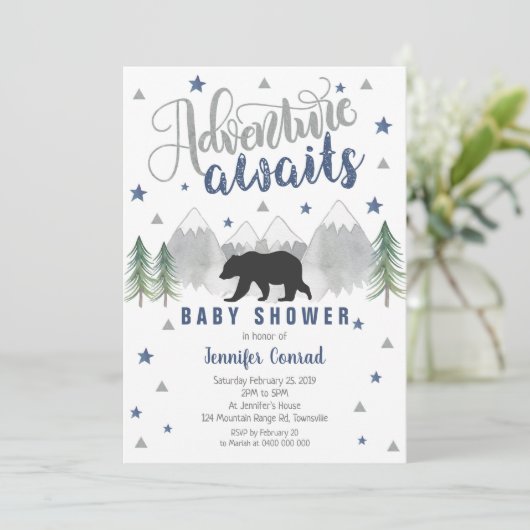 Avontuur wacht op Baby shower Invitation Navy Kaart (Staand voorkant)