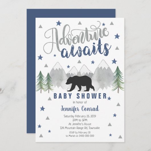 Avontuur wacht op Baby shower Invitation Navy Kaart (Voorkant / Achterkant)