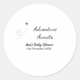 Avontuur wacht op baby shower naam toevoegen datum ronde sticker