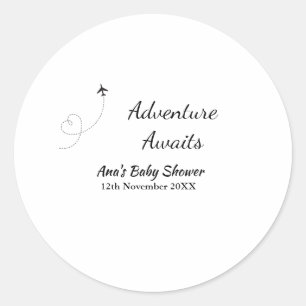 Avontuur wacht op baby shower naam toevoegen datum ronde sticker