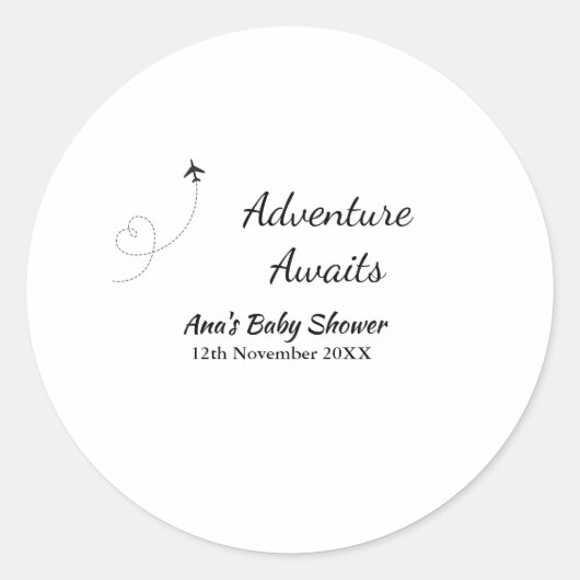 Avontuur wacht op baby shower naam toevoegen datum ronde sticker (Voorkant)