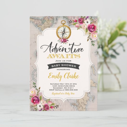 Avontuur wacht op Baby shower Uitnodiging Kaart Do (Staand voorkant)