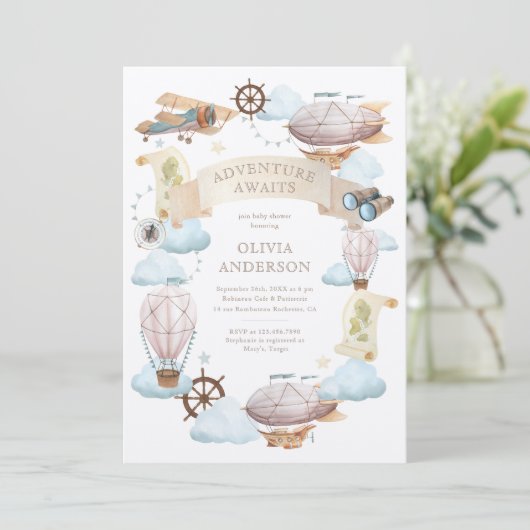 Avontuur wacht op ballon Baby shower Kaart (Staand voorkant)
