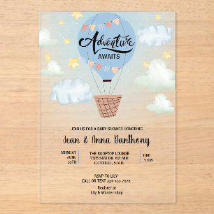 Avontuur wacht op Blue Air Balloon Baby shower Acryl Uitnodigingen