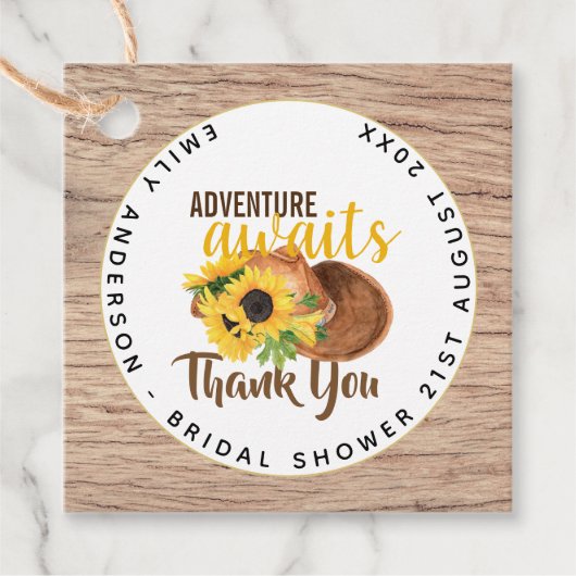 Avontuur wacht op Bruiloft met Landelijke Zonneblo Bedankjes Labels (Voorkant)