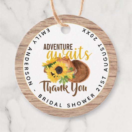 Avontuur wacht op Bruiloft met Rustieke Zonnebloem Bedankjes Labels (Voorkant)