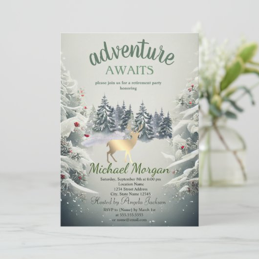 Avontuur wacht op Forest Gold Reindeer Retirement Kaart (Staand voorkant)