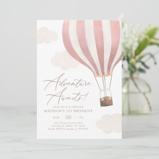 Avontuur wacht op hete lucht ballon meisje 1e verj kaart (Staand voorkant)