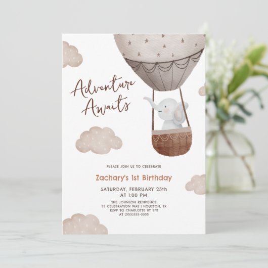 Avontuur wacht op luchtballon 1e verjaardag kaart (Staand voorkant)