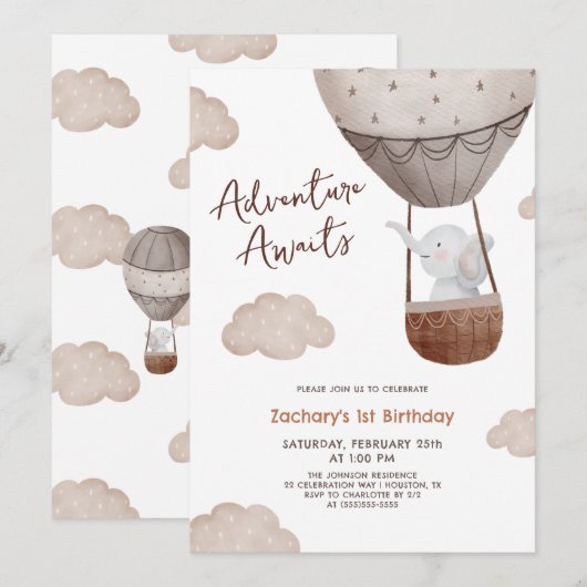 Avontuur wacht op luchtballon 1e verjaardag kaart (Voorkant / Achterkant)