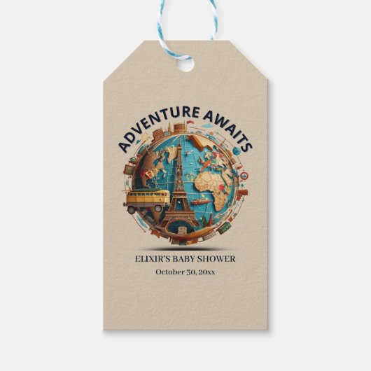 Avontuur wacht op modern Wereldbol Baby shower Cadeaulabel (Voorkant)