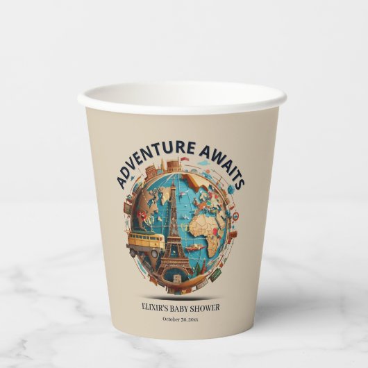 Avontuur wacht op Modern Wereldbol Baby shower Pap Papieren Bekers (Voorkant)