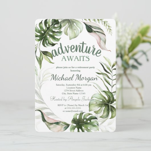 Avontuur wacht op ontslag van tropische bladeren kaart (Staand voorkant)