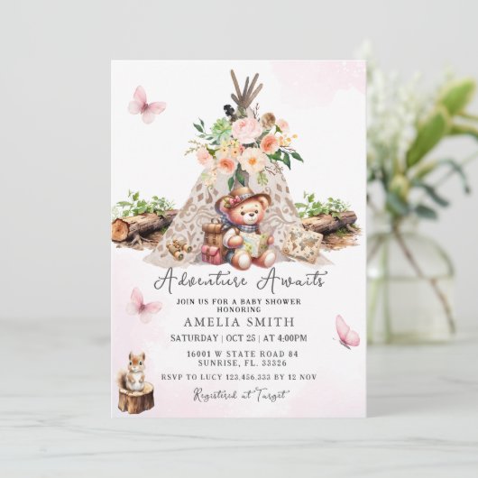 Avontuur wacht op roze Schattige Beer Baby shower Kaart (Staand voorkant)