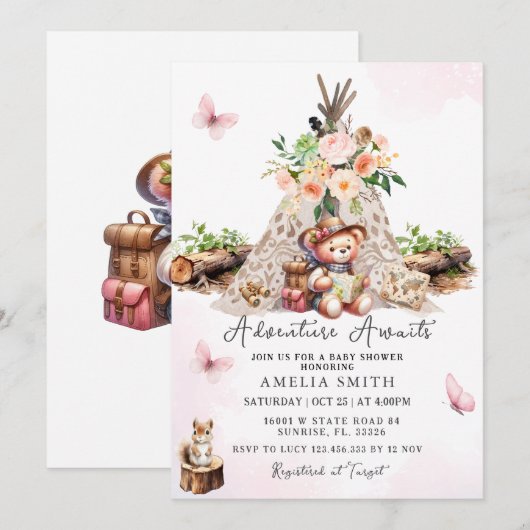 Avontuur wacht op roze Schattige Beer Baby shower Kaart (Voorkant / Achterkant)