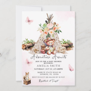 Avontuur wacht op roze Schattige Beer Baby shower Kaart