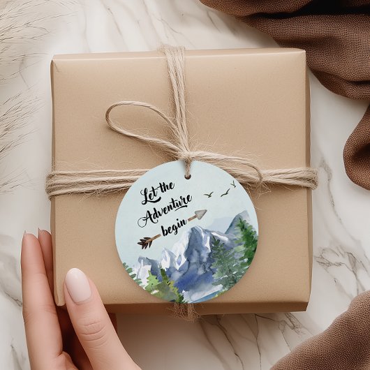 Avontuur wacht op Rustic Waterverf Mountain Bedankjes Labels