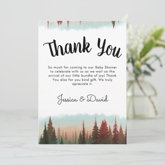 Avontuur wacht op rustiek bos Baby shower Bedankkaart (Staand voorkant)
