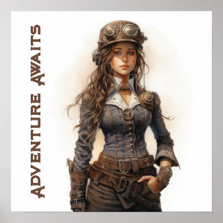Avontuur wacht op Steampunk jonge vrouw Poster