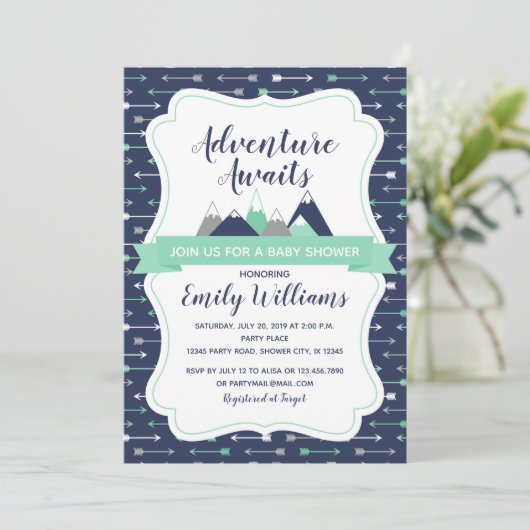 Avontuur wacht op uitnodiging baby shower (Staand voorkant)