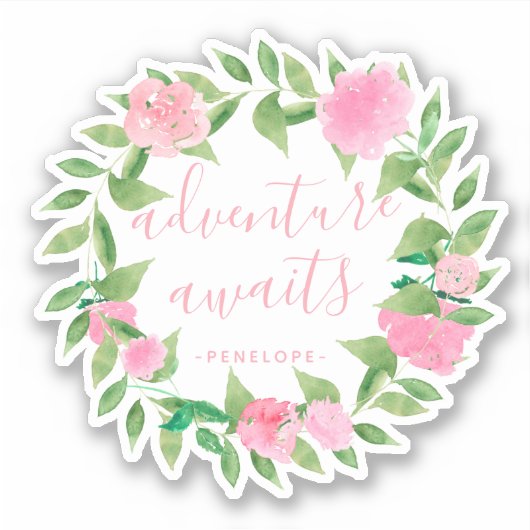 Avontuur wacht op Waterverf krans met naam Sticker (Voorkant)