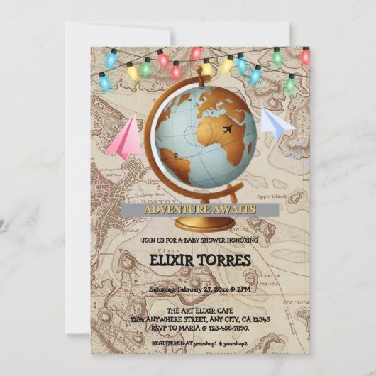 Avontuur wacht op Wereldkaart Baby shower Kaart (Voorkant)