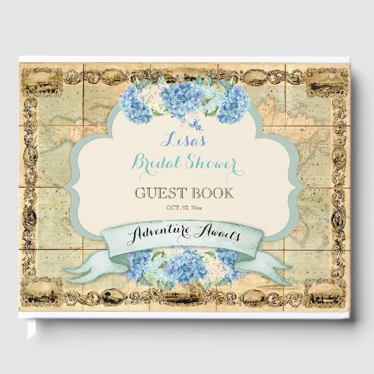 Avontuur wacht op Wereldkaart Blue Hydrangeas Gastenboek (Voorkant)