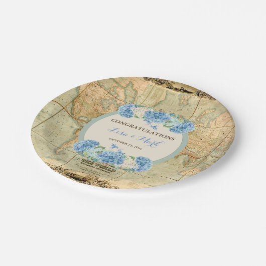 Avontuur wacht op  Wereldkaart Blue Hydrangeas Papieren Bordje (Gekanteld)