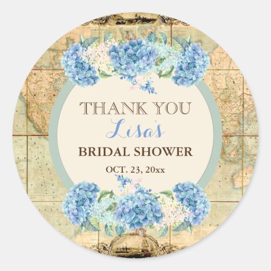 Avontuur wacht op  Wereldkaart Blue Hydrangeas Ronde Sticker (Voorkant)