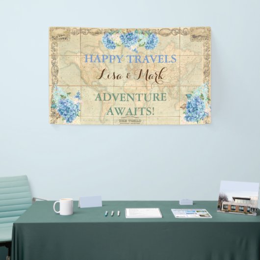 Avontuur wacht op Wereldkaart Blue Hydrangeas Spandoek (Beurs)