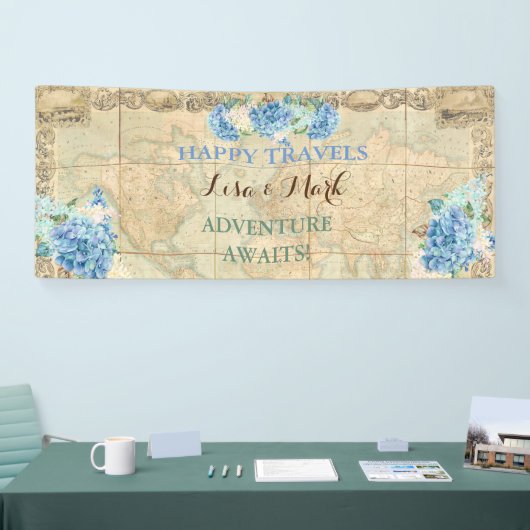 Avontuur wacht op  Wereldkaart Blue Hydrangeas Spandoek (Beurs)