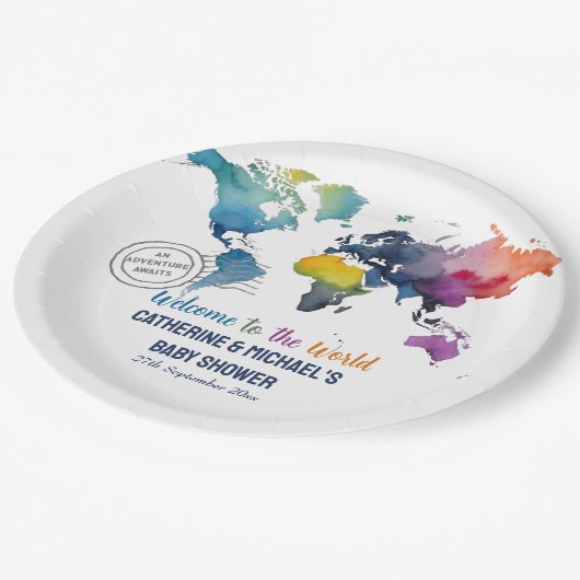 Avontuur wacht op Wereldkaart Travel Baby shower Papieren Bordje (Gekanteld)