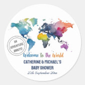 Avontuur wacht op Wereldkaart Travel Baby shower Ronde Sticker (Voorkant)