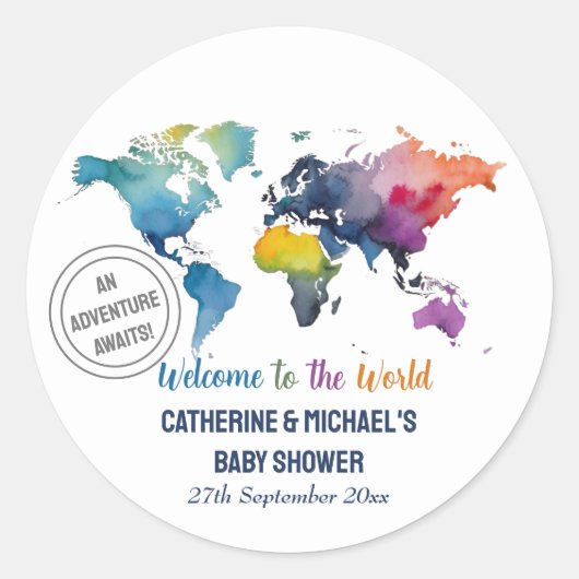 Avontuur wacht op Wereldkaart Travel Baby shower Ronde Sticker (Voorkant)