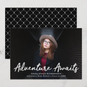 Avontuur wacht op zwart foto Afstuderen Aankondiging (Voorkant / Achterkant)