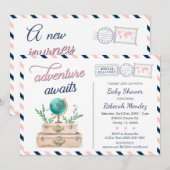 Avontuur wacht Reis Baby Shower Blauw Roze Kaart (Voorkant / Achterkant)