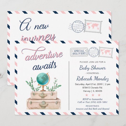 Avontuur wacht Reis Baby Shower Blauw Roze Kaart (Voorkant / Achterkant)