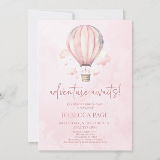 Avontuur wacht! Roze Hete Luchtballon Baby shower Kaart (Voorkant)