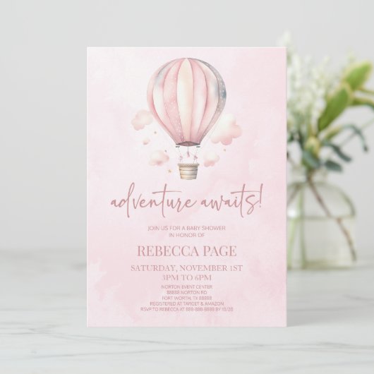 Avontuur wacht! Roze Hete Luchtballon Baby shower Kaart (Staand voorkant)