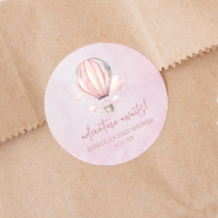 Avontuur wacht! Roze Hete Luchtballon Baby shower Ronde Sticker