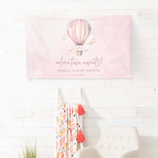 Avontuur wacht! Roze Hete Luchtballon Baby shower Spandoek (Insitu)