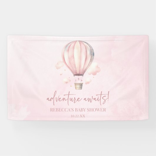 Avontuur wacht! Roze Hete Luchtballon Baby shower Spandoek (Horizontaal)