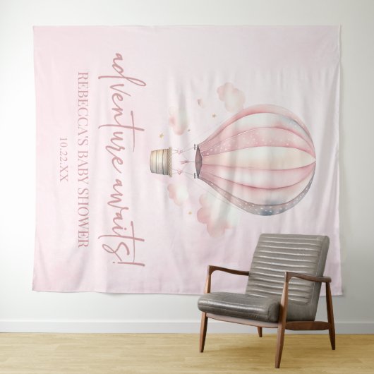 Avontuur wacht! Roze Hete Luchtballon Baby shower Wandkleed (In Situ (horizontaal))