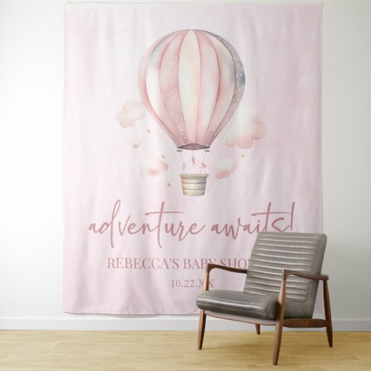 Avontuur wacht! Roze Hete Luchtballon Baby shower Wandkleed (In situ)
