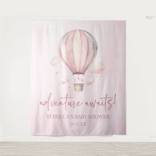 Avontuur wacht! Roze Hete Luchtballon Baby shower Wandkleed (Voorkant)