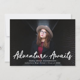 Avontuur wacht Script Navy Blue Photo Afstuderen Aankondiging